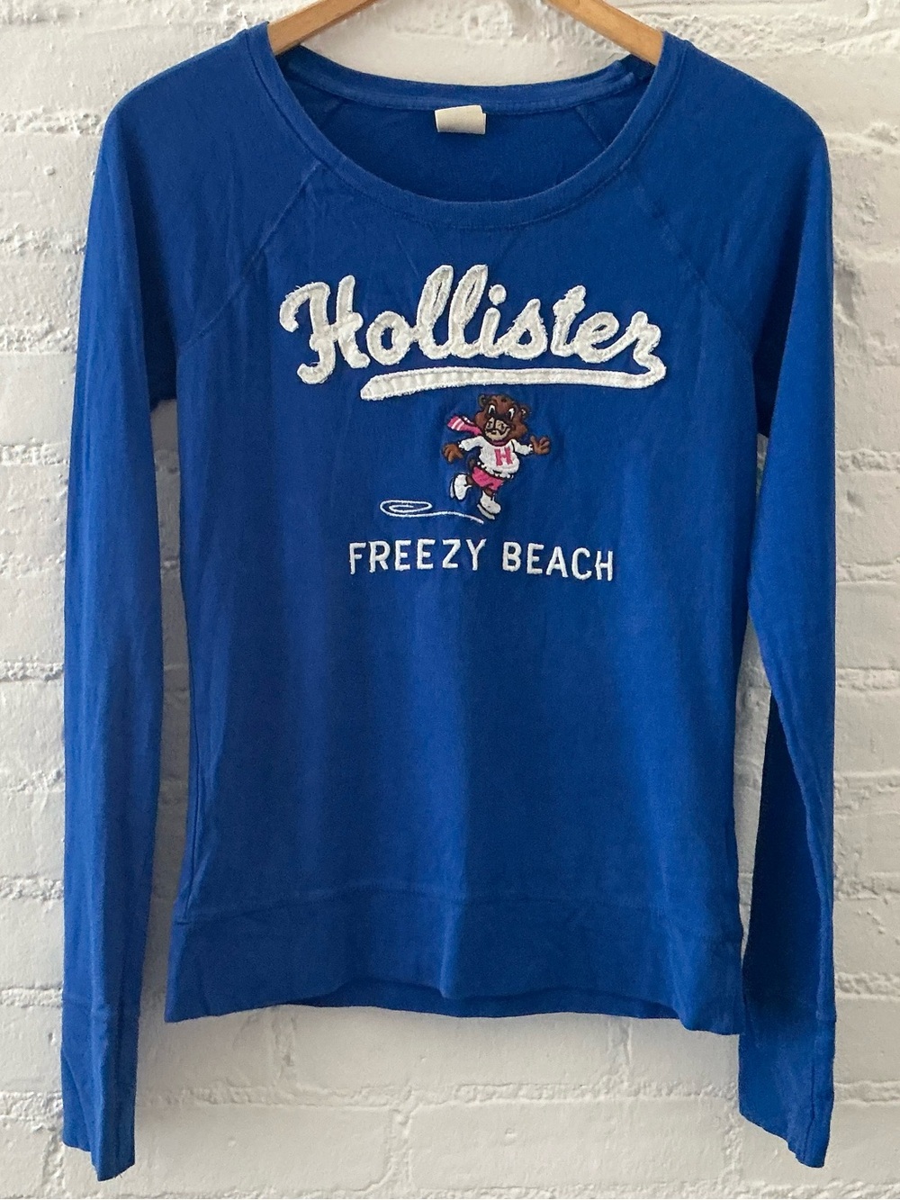 Hollister Blue Long Sleeve Graphic Tee Freezy Beach Bear Embroidered Top M
